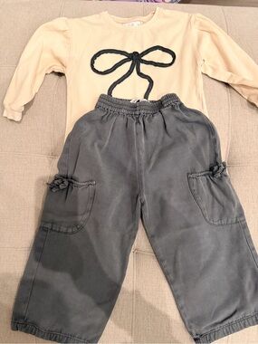 Zara Girls Bow shirt and grey pants set. Size 5